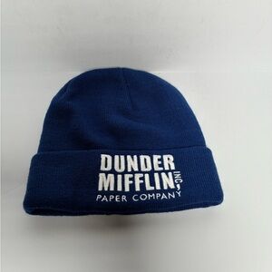 The Office TV Show Dunder Mifflin Paper Company Beanie Hat Knit Blue Embroidered